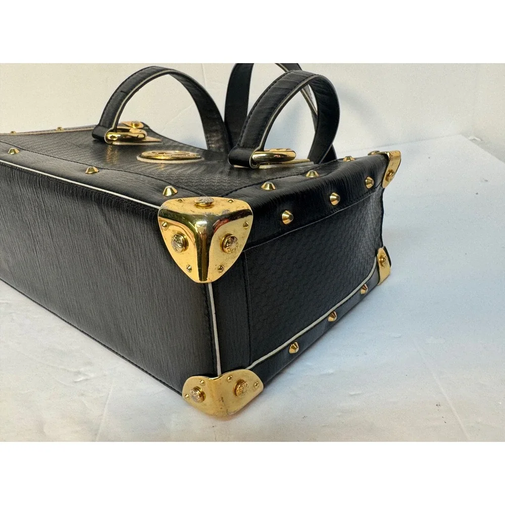 Metrocity Black Monogram Leather Trunk Satchel Bag Gold Studded Hardware